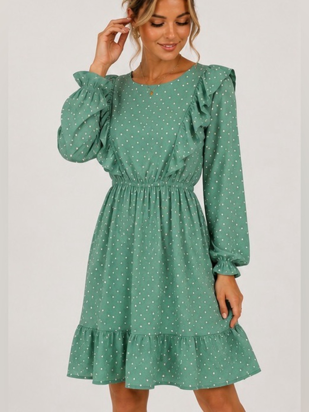 Mint Polka Dot Ruffle Mini Dress Long Sleeve Size M   GOLDI